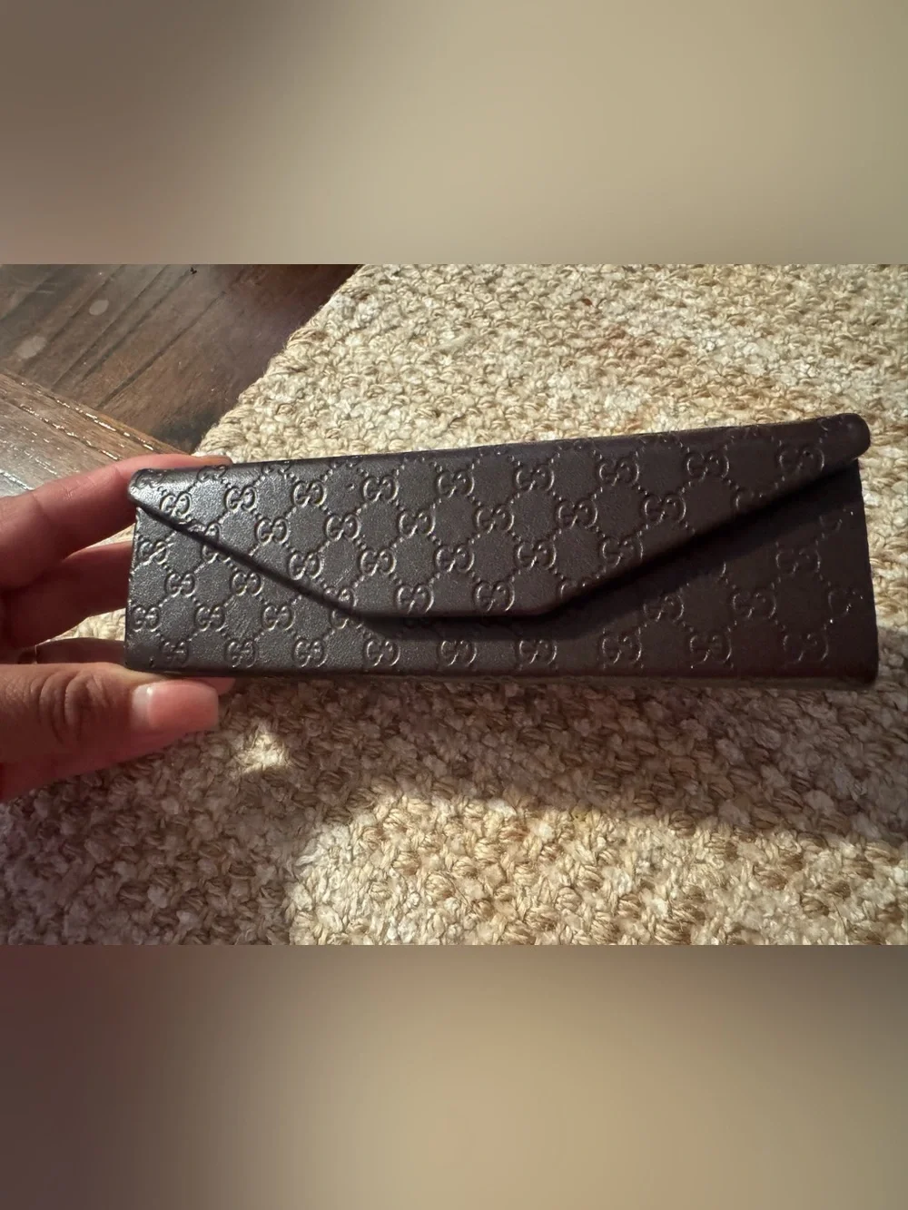 Gucci Light Gray Suede Glasses Case Brown with Gold Logo